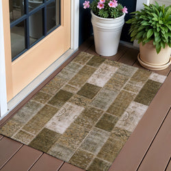 3' X 5' Brown And Ivory Patchwork Washable Indoor Outdoor Area Rug