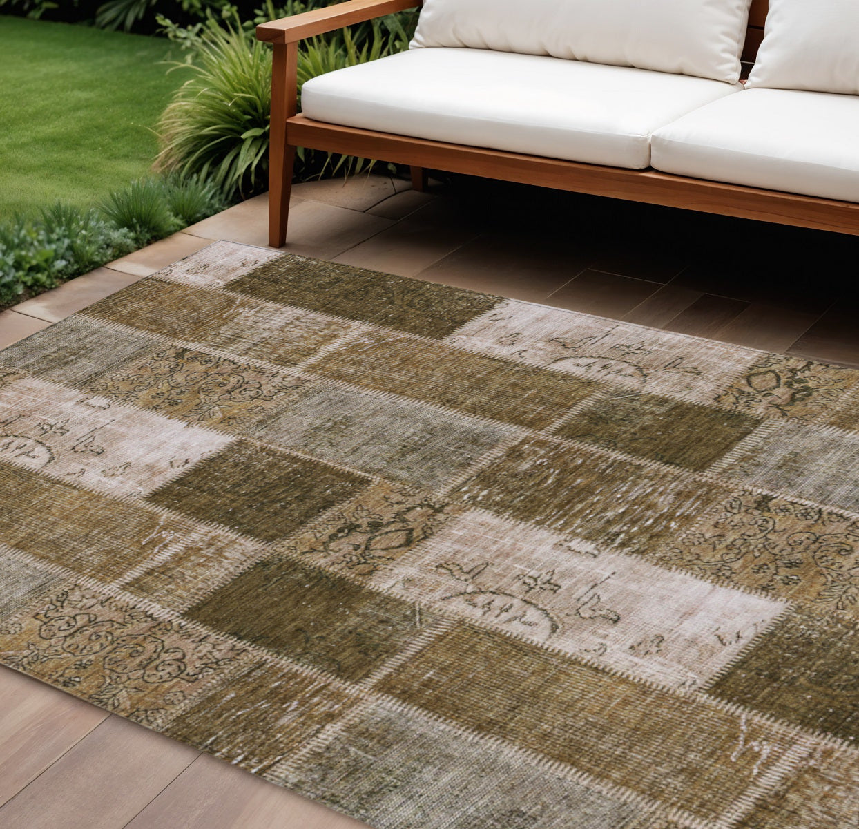 9' X 12' Brown And Ivory Patchwork Washable Indoor Outdoor Area Rug