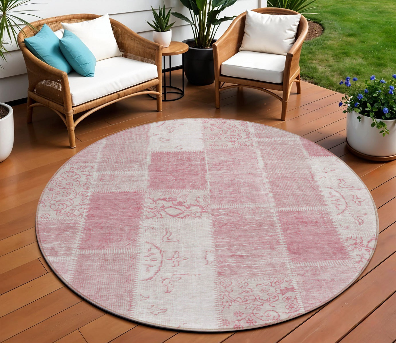 8' Pink Blush And Ivory Round Patchwork Washable Indoor Outdoor Area Rug