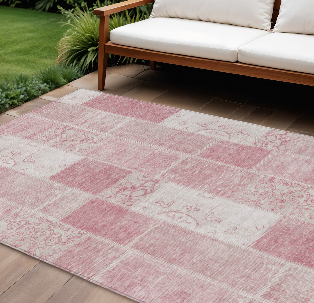 8' X 10' Pink Blush And Ivory Patchwork Washable Indoor Outdoor Area Rug