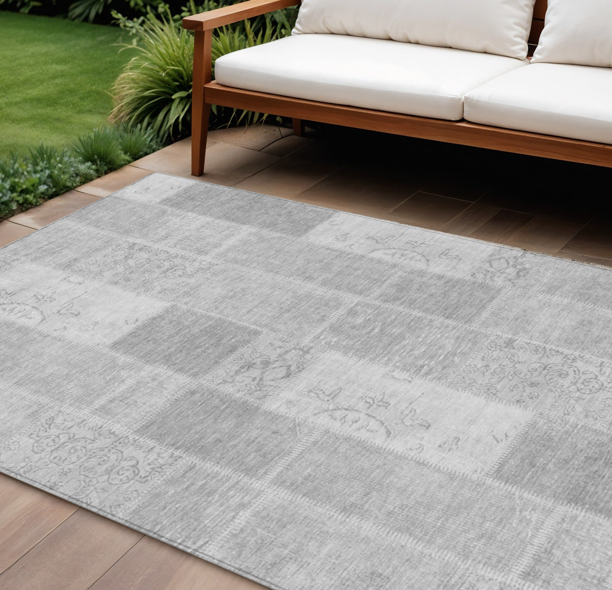 8' X 10' Silver Gray And Graphite Patchwork Washable Indoor Outdoor Area Rug