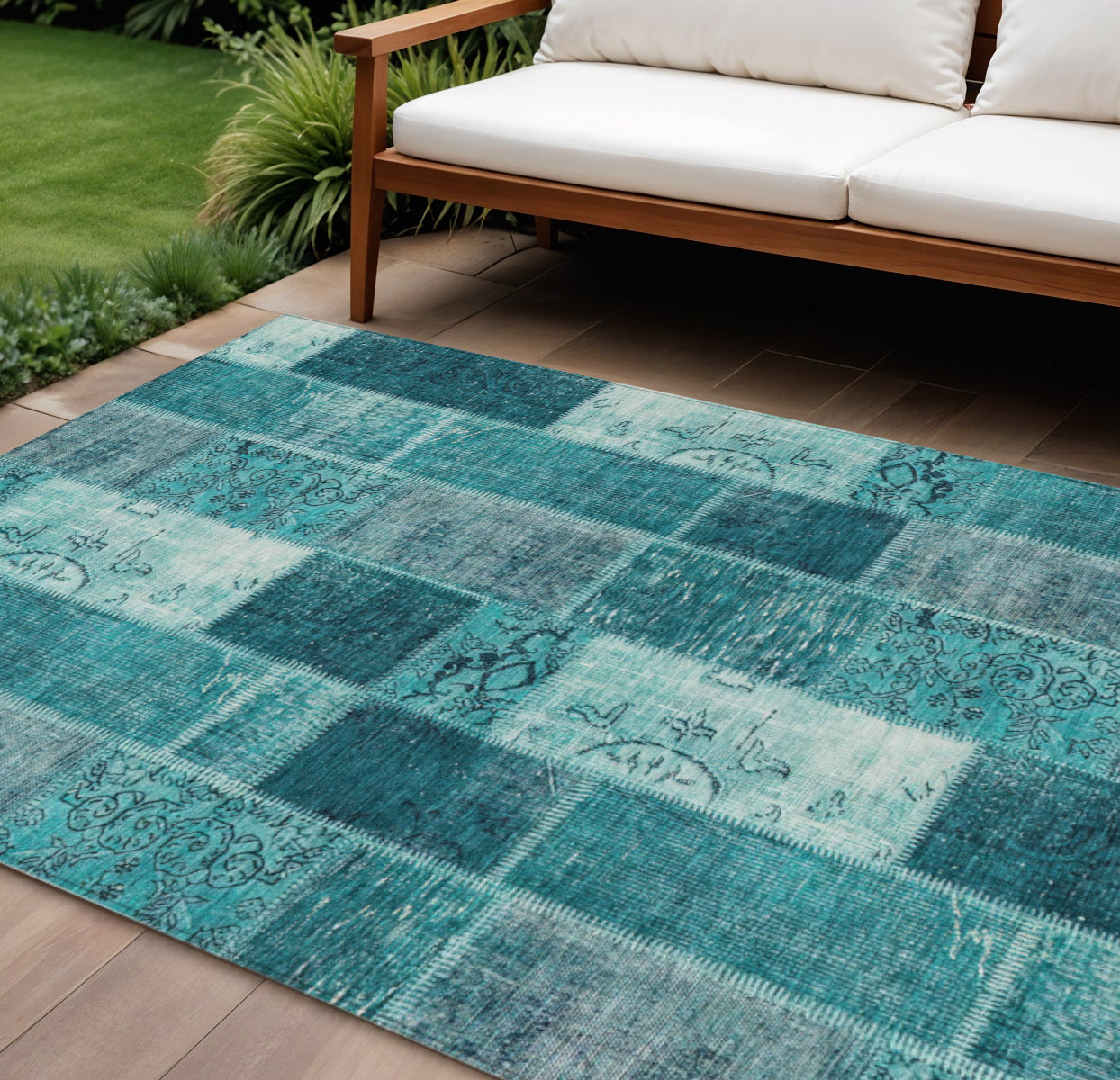 8' X 10' Teal Blue Aqua And Turquoise Patchwork Washable Indoor Outdoor Area Rug