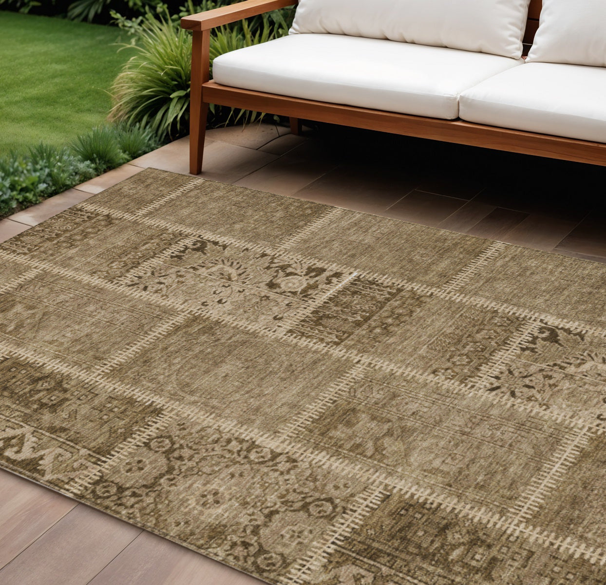 8' X 10' Brown And Beige Patchwork Washable Indoor Outdoor Area Rug