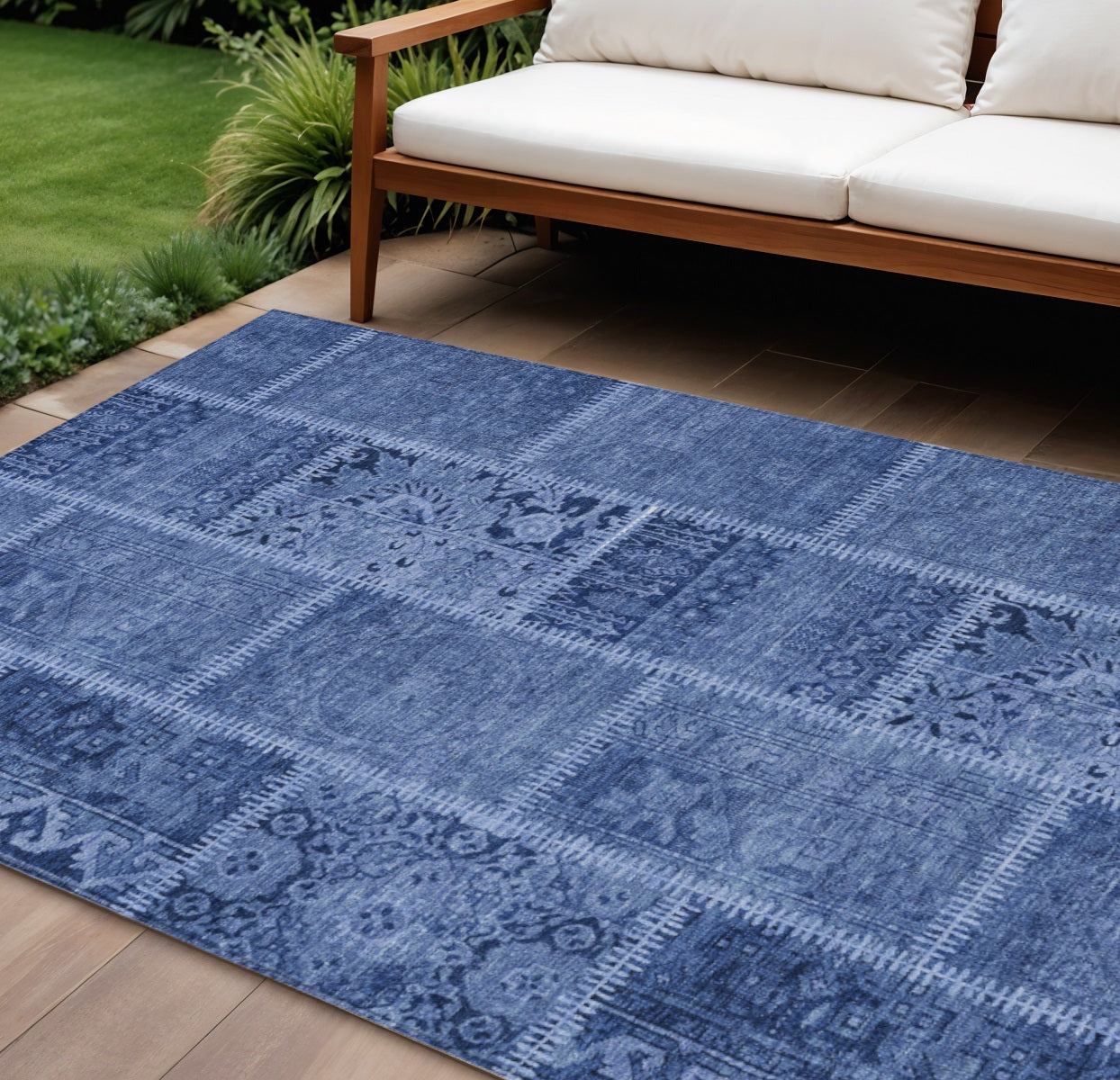 10' X 14' Navy Blue And Denim Blue Patchwork Washable Indoor Outdoor Area Rug