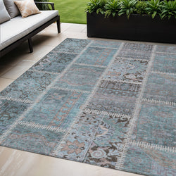 5' X 8' Teal Blue Aqua And Beige Patchwork Washable Indoor Outdoor Area Rug