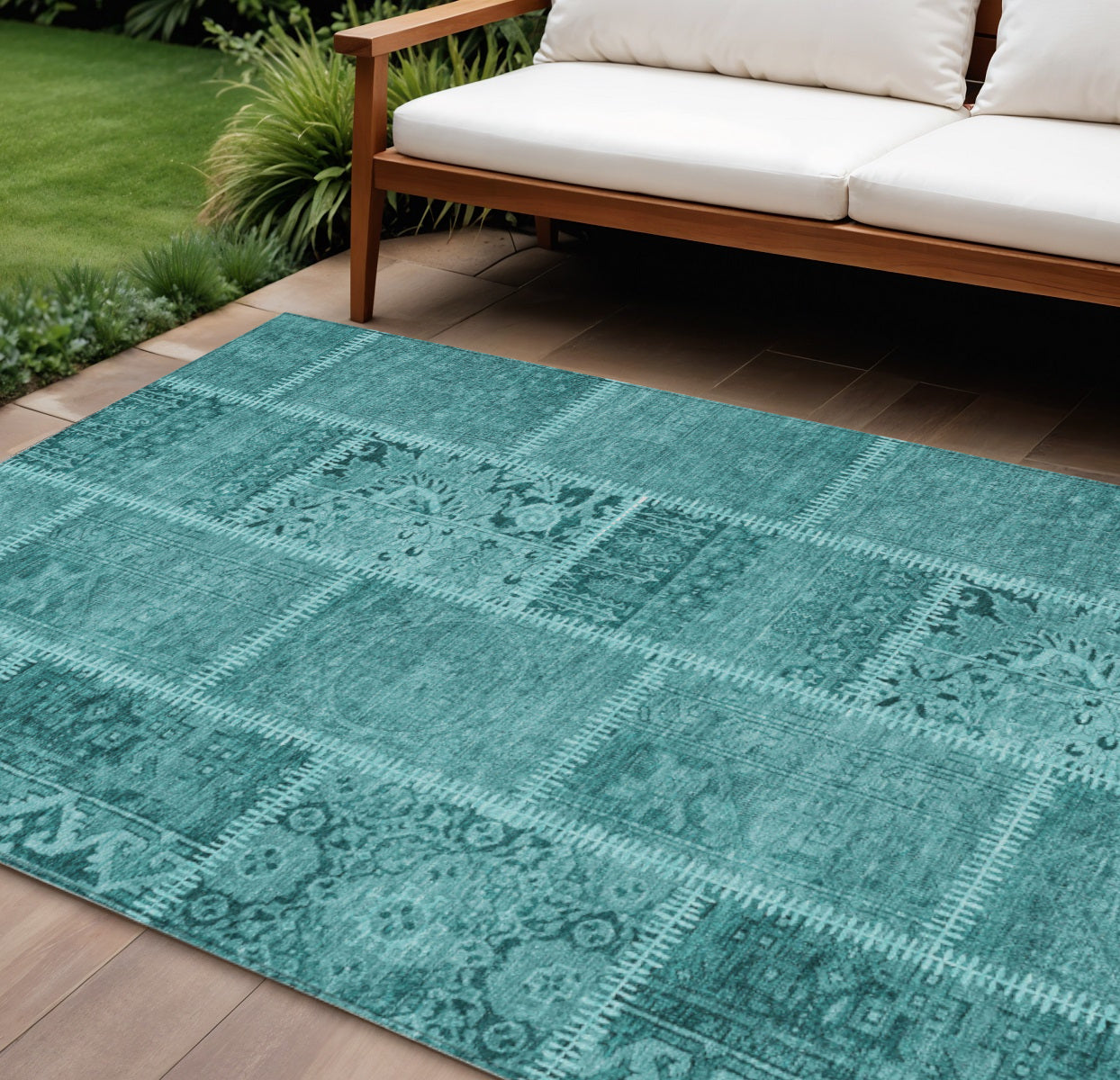 8' X 10' Turquoise Teal Blue And Aqua Patchwork Washable Indoor Outdoor Area Rug
