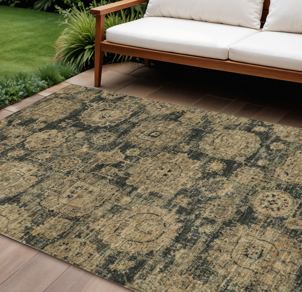 8' X 10' Charcoal Gold And Tan Floral Washable Indoor Outdoor Area Rug