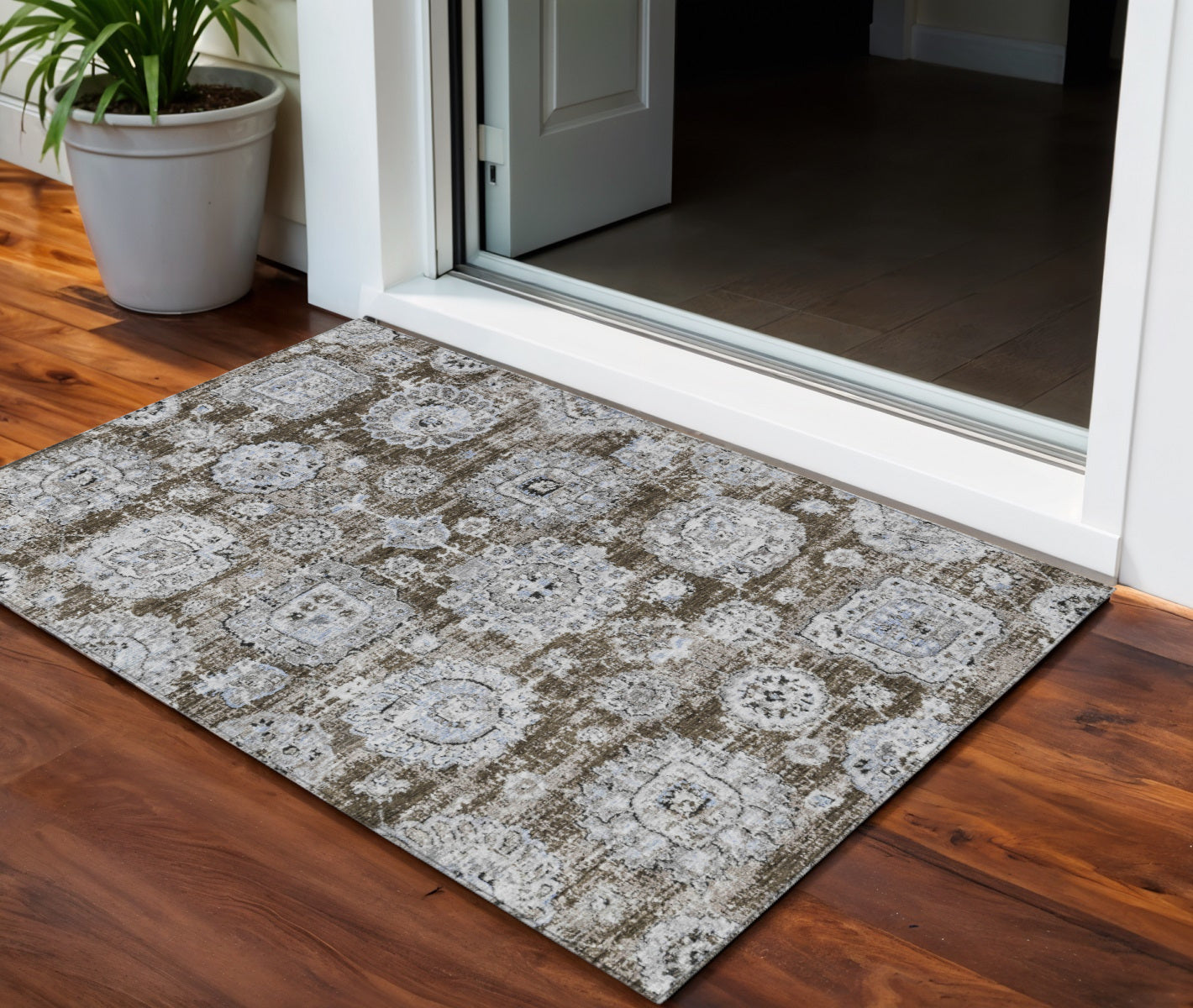 3' X 5' Chocolate And Blue Floral Washable Indoor Outdoor Area Rug