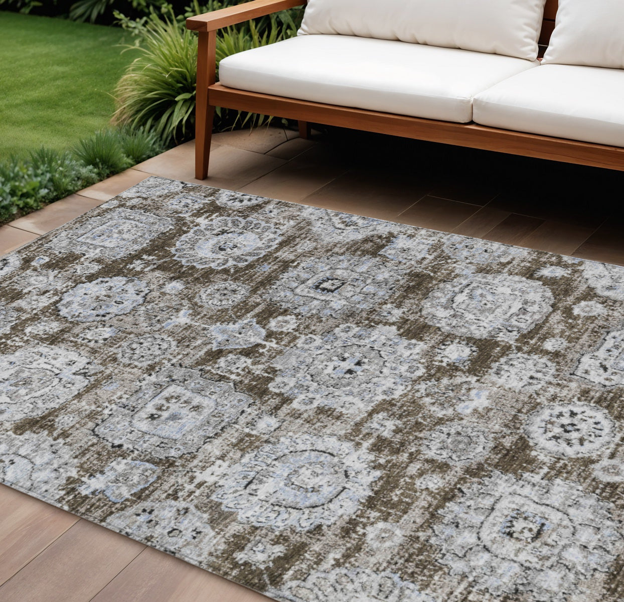 10' X 14' Chocolate And Blue Floral Washable Indoor Outdoor Area Rug