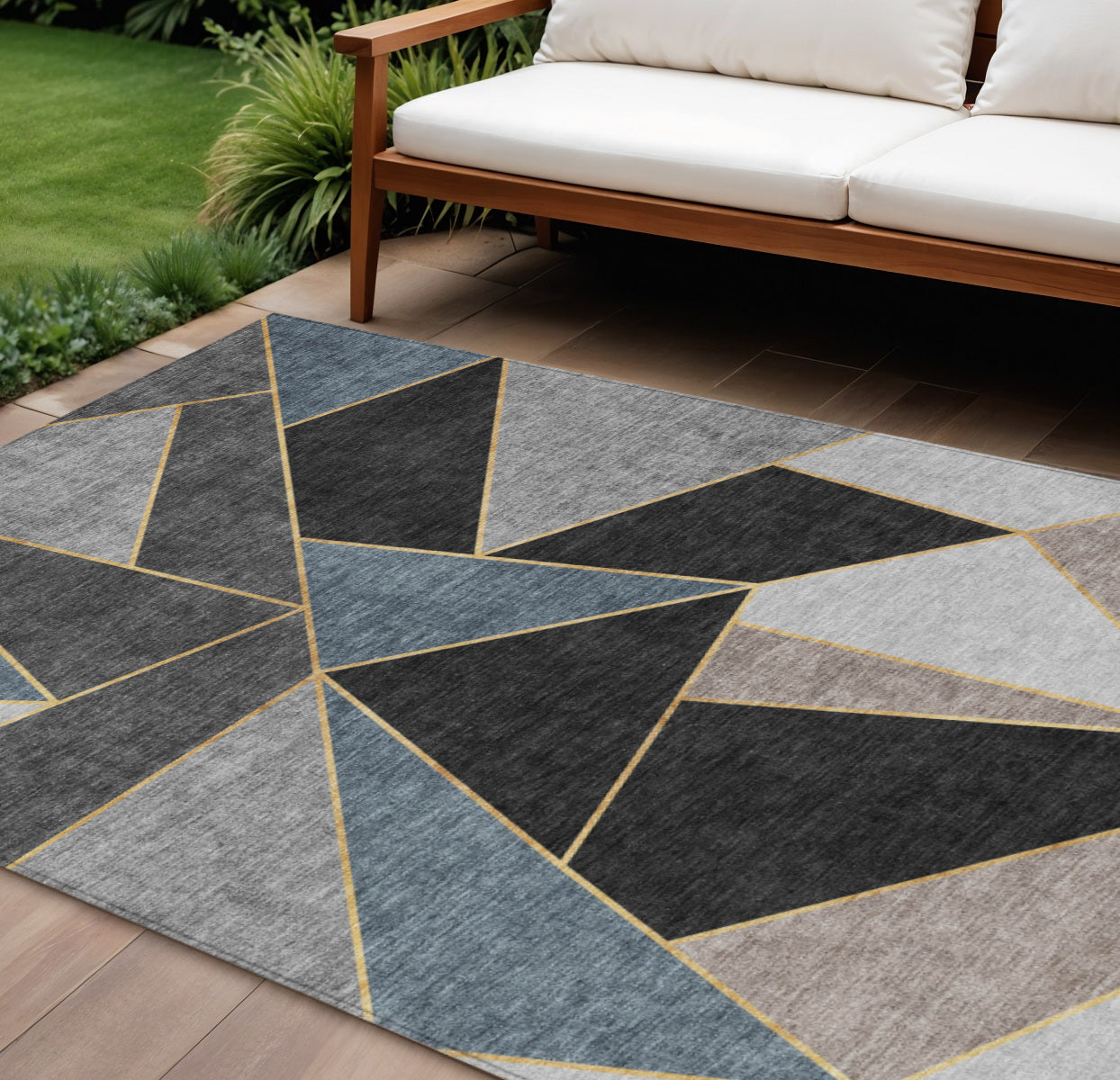 8' X 10' Blue Charcoal And Gray Geometric Washable Indoor Outdoor Area Rug