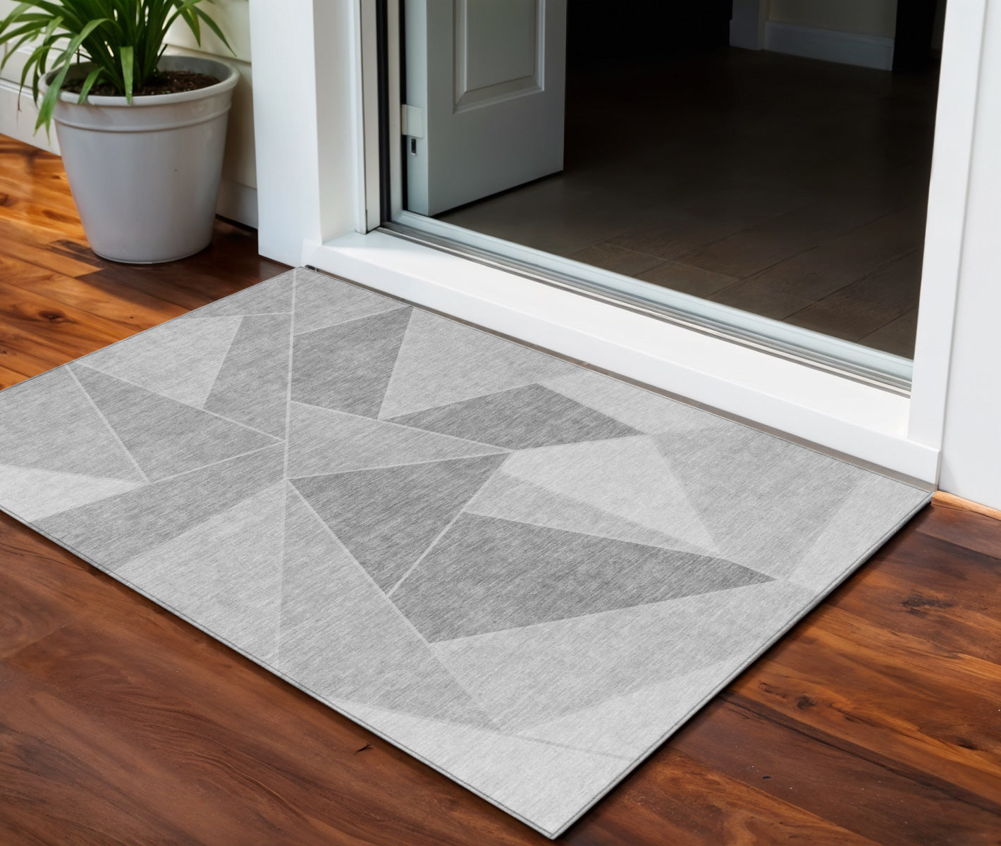 3' X 5' Gray Silver And Graphite Geometric Washable Indoor Outdoor Area Rug