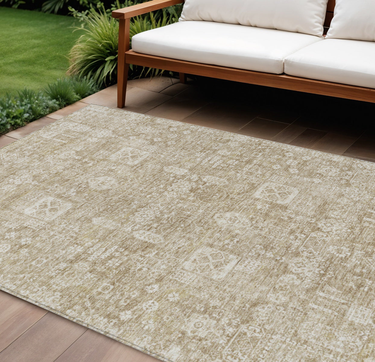 9' X 12' Beige Tan And Ivory Oriental Washable Indoor Outdoor Area Rug