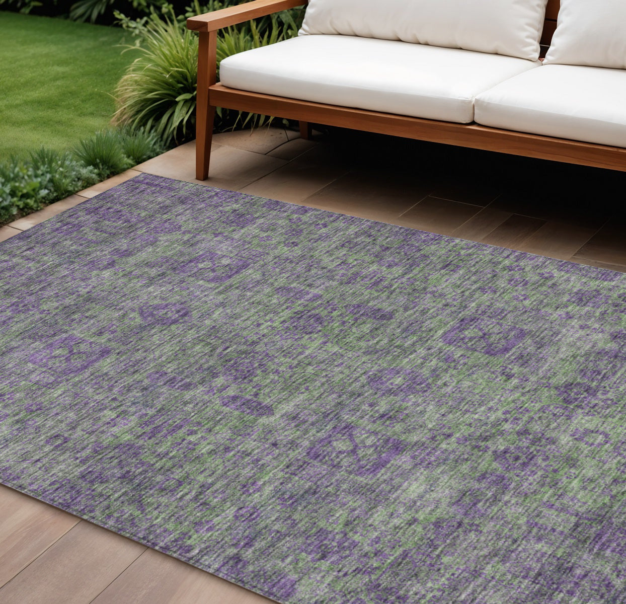 10' X 14' Fern Green And Purple Oriental Washable Indoor Outdoor Area Rug