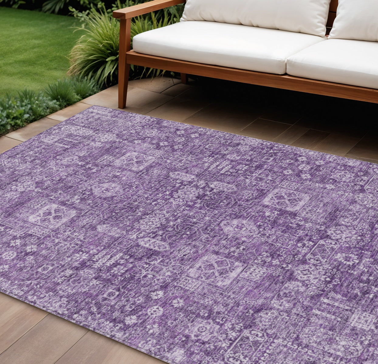 10' X 14' Purple Lilac And Lavender Oriental Washable Indoor Outdoor Area Rug