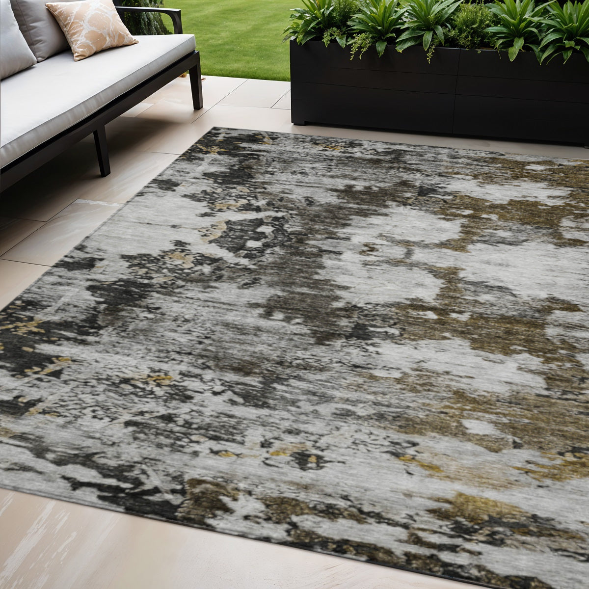 5' X 8' Taupe Brown And Gold Abstract Washable Indoor Outdoor Area Rug