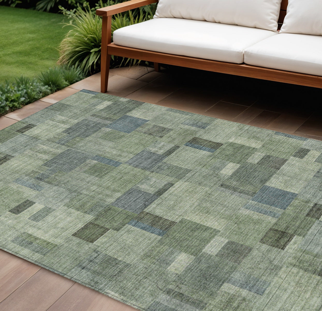 8' X 10' Green And Mint Green Geometric Washable Indoor Outdoor Area Rug