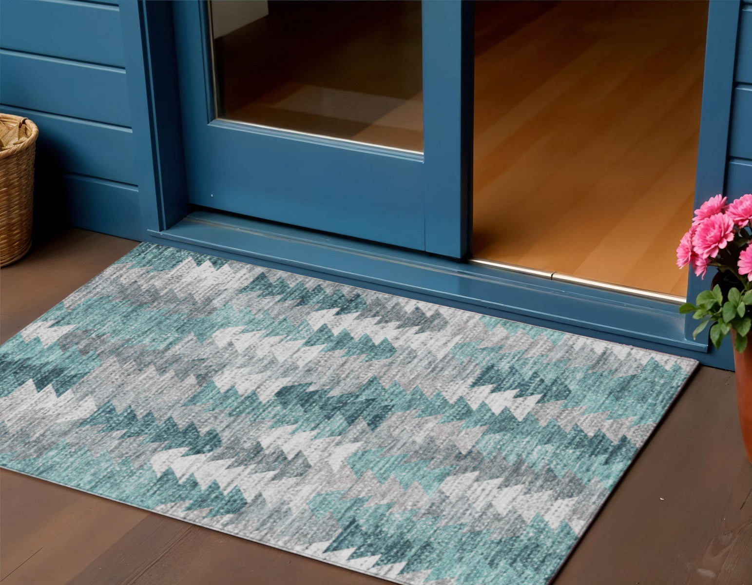 3' X 5' Dark Blue Aqua And Gray Geometric Washable Indoor Outdoor Area Rug