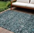 8' X 10' Dark Green Aqua And Charcoal Oriental Washable Indoor Outdoor Area Rug
