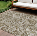 10' X 14' Chocolate Beige And Ivory Paisley Washable Indoor Outdoor Area Rug
