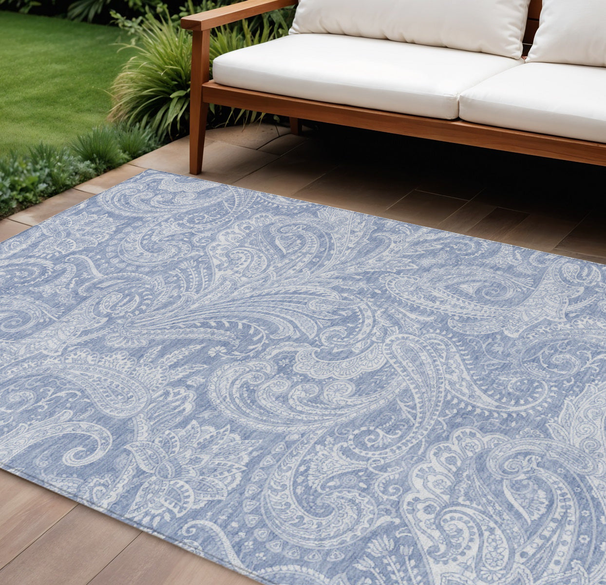 9' X 12' Denim Blue Sky Blue And Ivory Paisley Washable Indoor Outdoor Area Rug