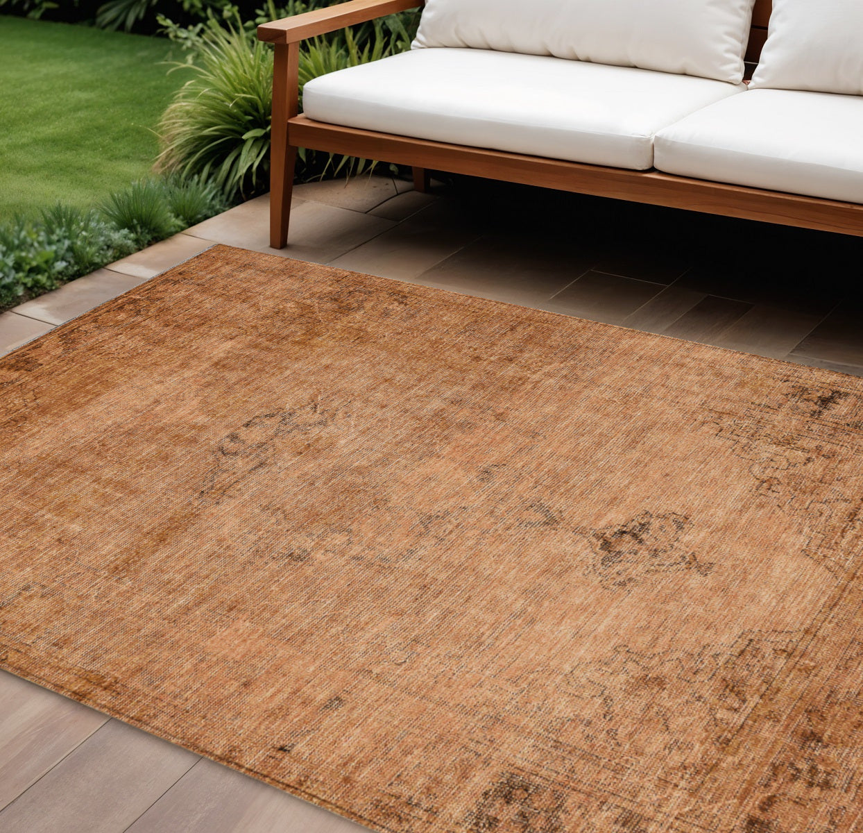 9' X 12' Copper Orange And Brown Oriental Washable Indoor Outdoor Area Rug