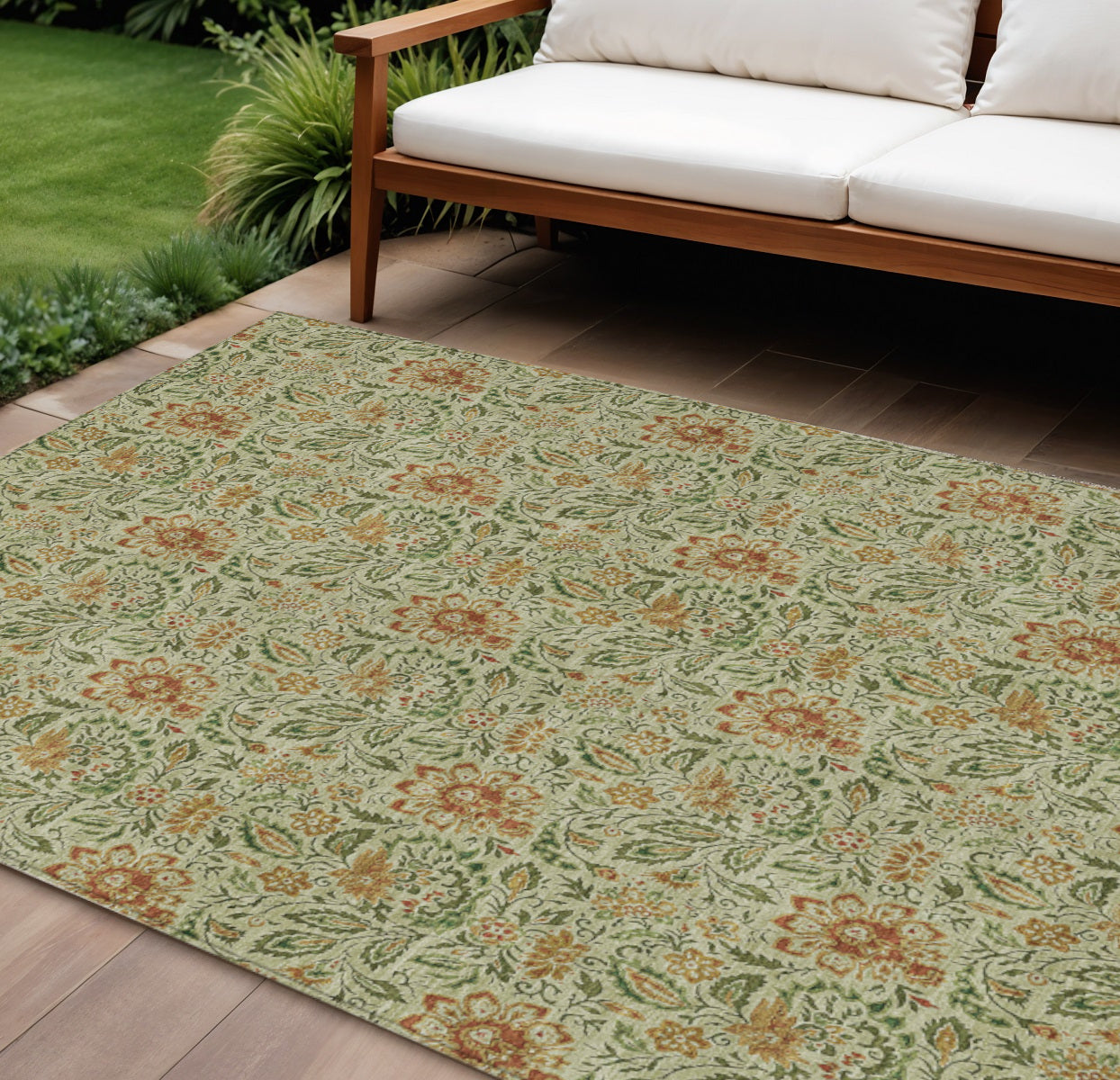 10' X 14' Green Copper And Sage Floral Washable Indoor Outdoor Area Rug