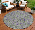 8' Olive Green Sage And Purple Round Floral Washable Indoor Outdoor Area Rug