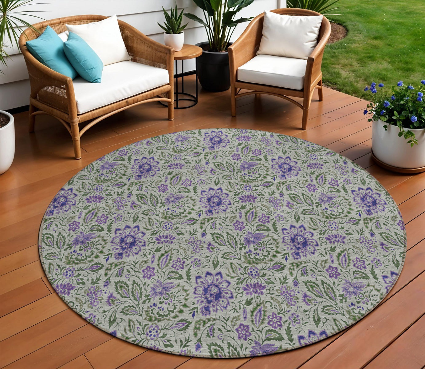 8' Olive Green Sage And Purple Round Floral Washable Indoor Outdoor Area Rug