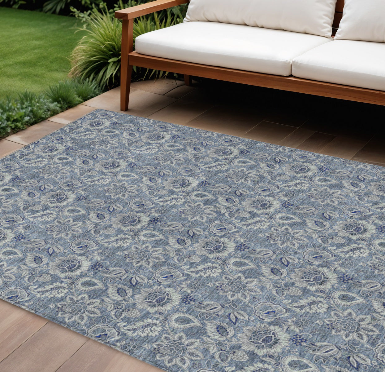 10' X 14' Denim Blue And Navy Blue Floral Washable Indoor Outdoor Area Rug