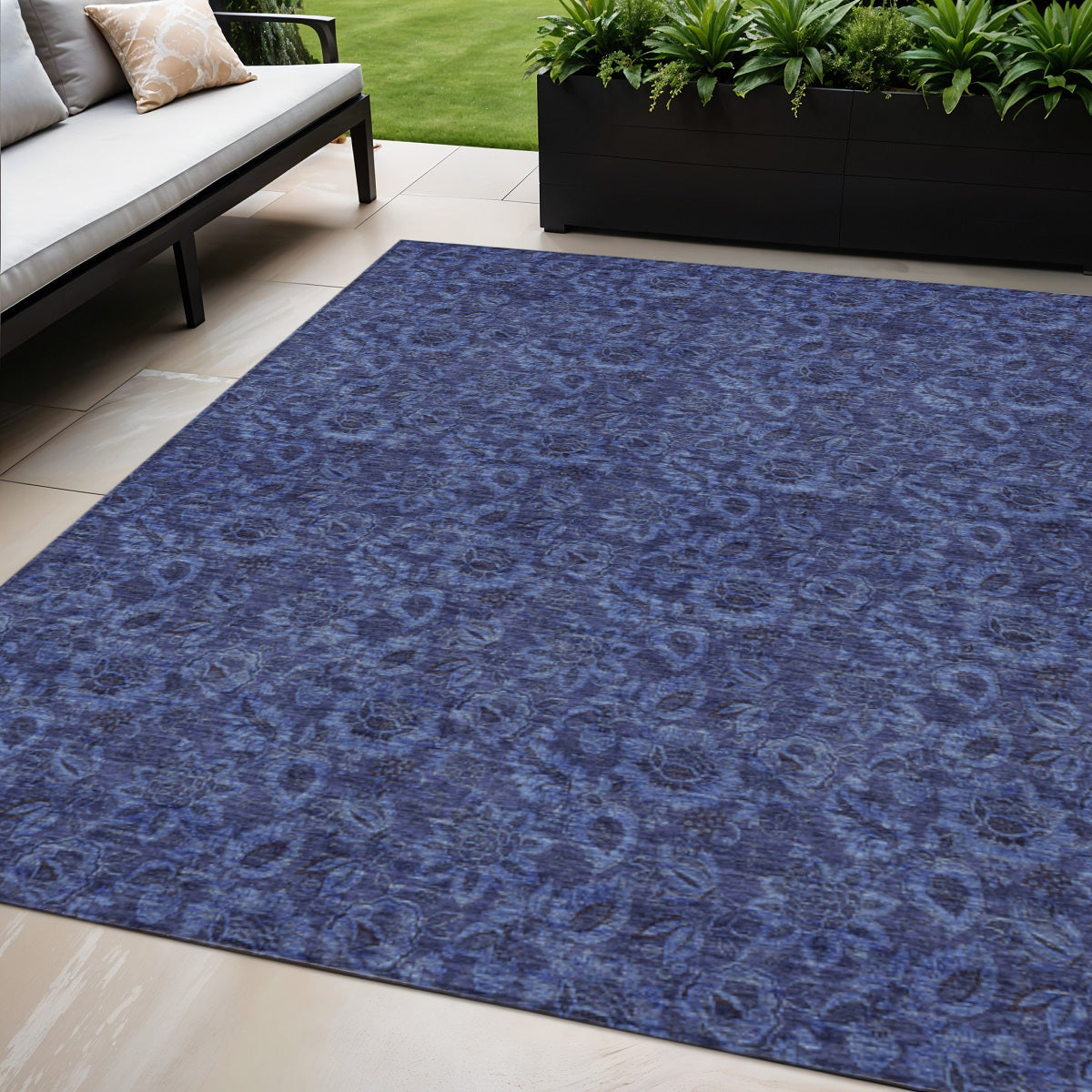 5' X 8' Navy Blue And Charcoal Floral Washable Indoor Outdoor Area Rug