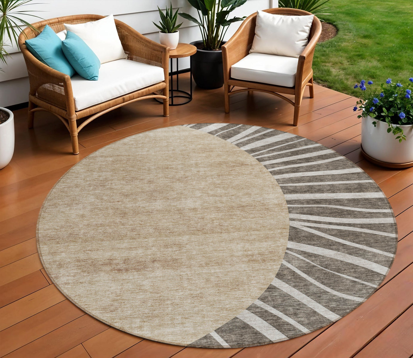 8' Chocolate Beige And Taupe Round Abstract Washable Indoor Outdoor Area Rug