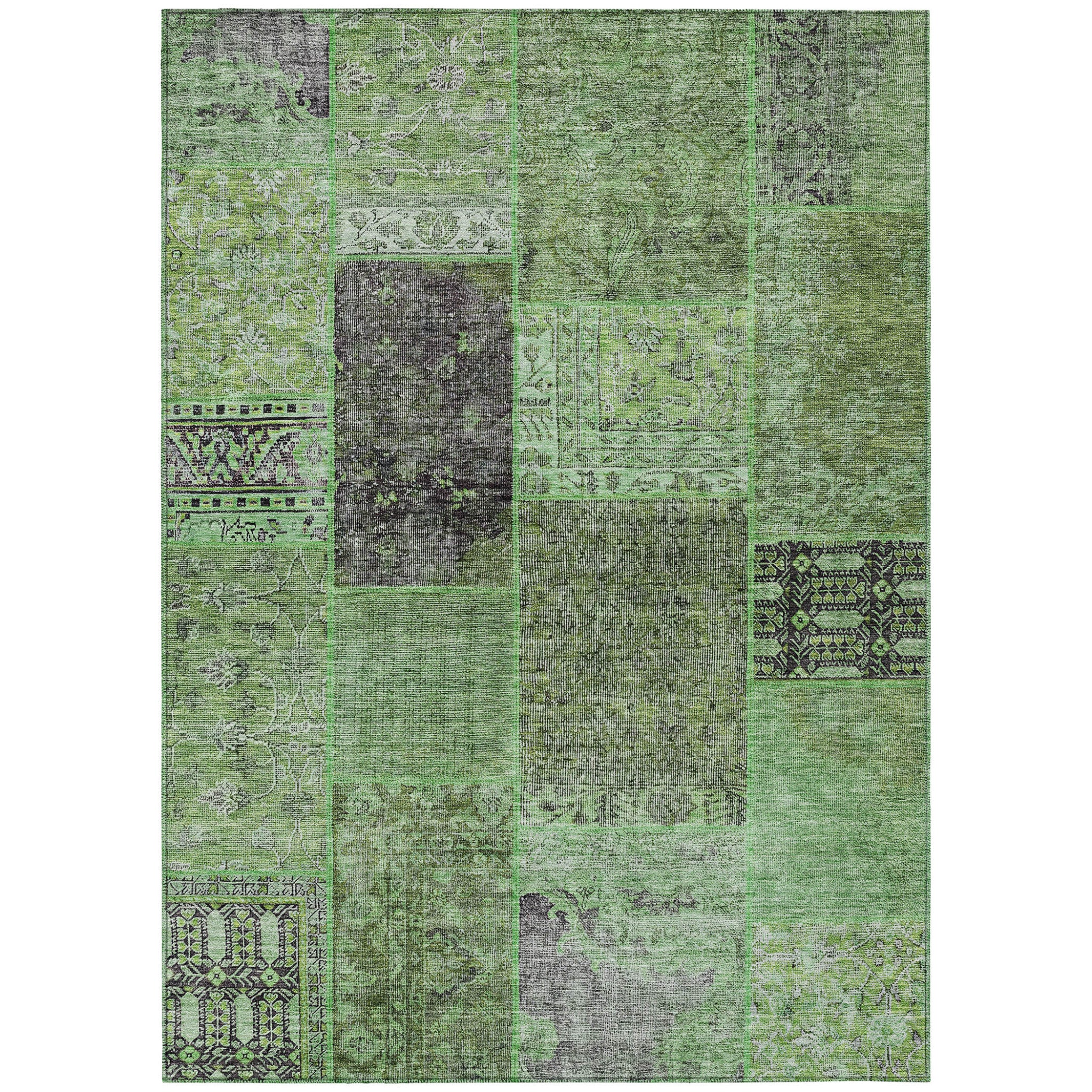 10' X 14' Green And Olive Green Patchwork Washable Indoor Outdoor Area Rug
