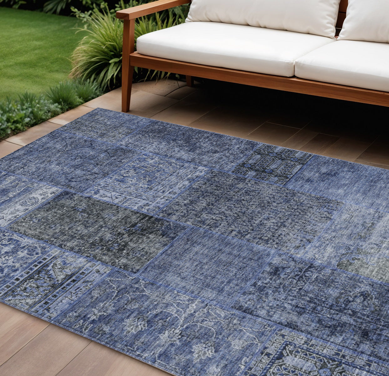 8' X 10' Navy Blue And Charcoal Patchwork Washable Indoor Outdoor Area Rug