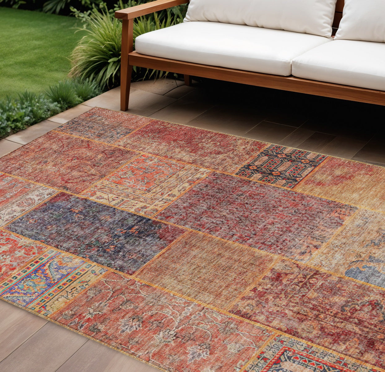 8' X 10' Red Orange And Blue Patchwork Washable Indoor Outdoor Area Rug