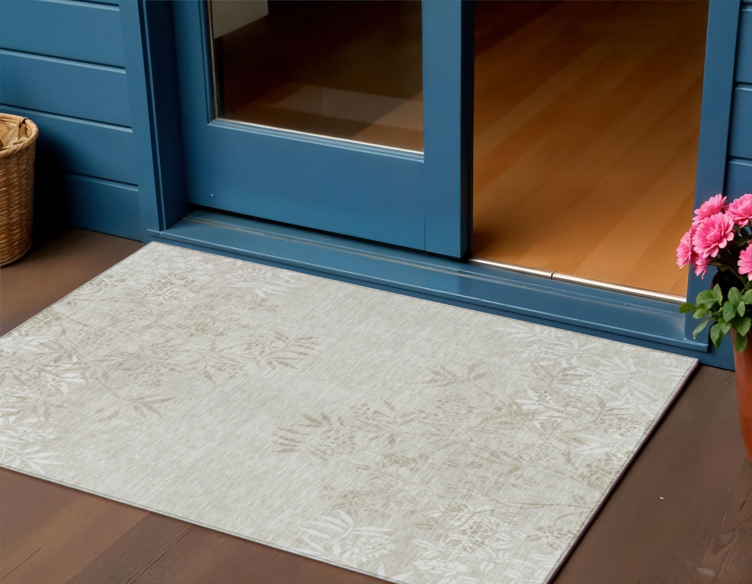 3' X 5' Beige Tan And Ivory Floral Washable Indoor Outdoor Area Rug