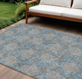 9' X 12' Blue Gray And Silver Floral Washable Indoor Outdoor Area Rug
