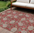 8' X 10' Red Taupe And Beige Floral Washable Indoor Outdoor Area Rug