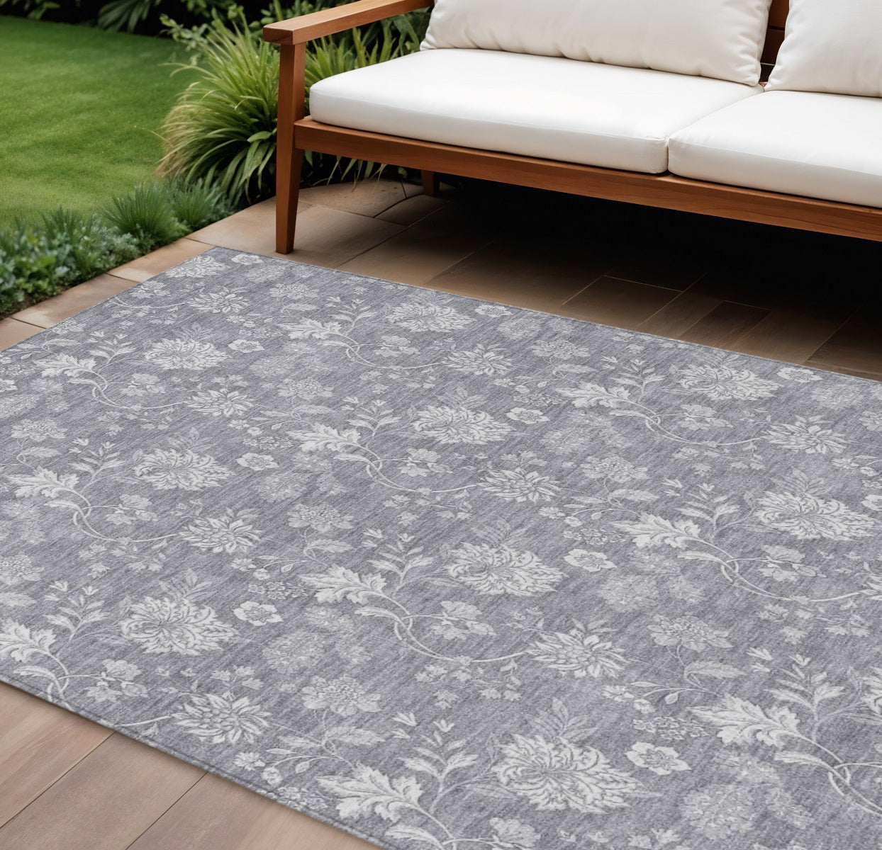 9' X 12' Gray Silver And Ivory Floral Washable Indoor Outdoor Area Rug