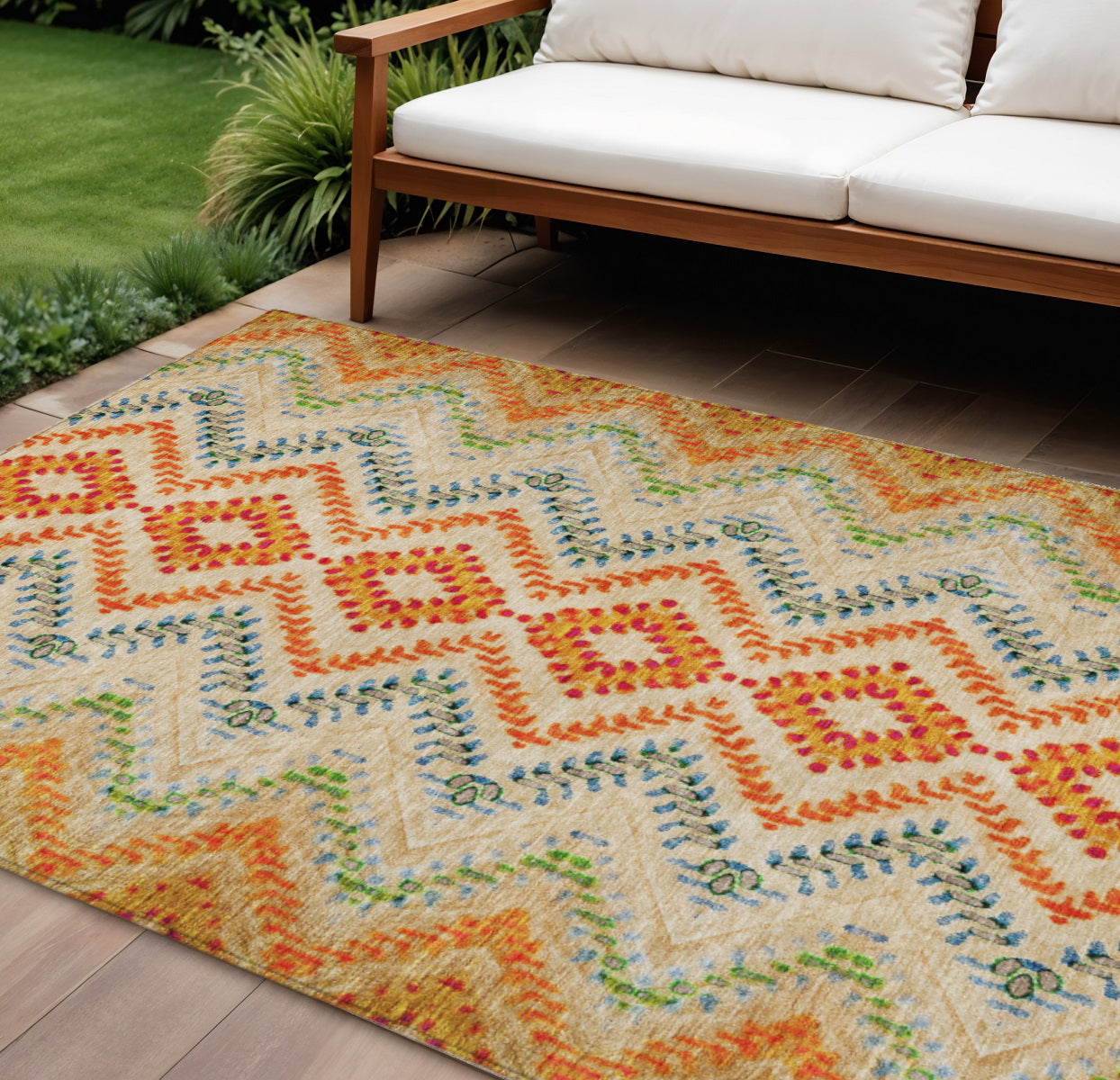 9' X 12' Beige Orange And Red Geometric Washable Indoor Outdoor Area Rug