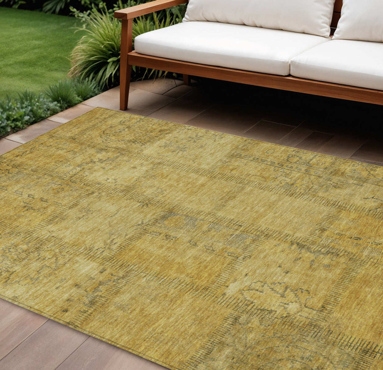 10' X 14' Gold Wheat And Gray Patchwork Washable Indoor Outdoor Area Rug