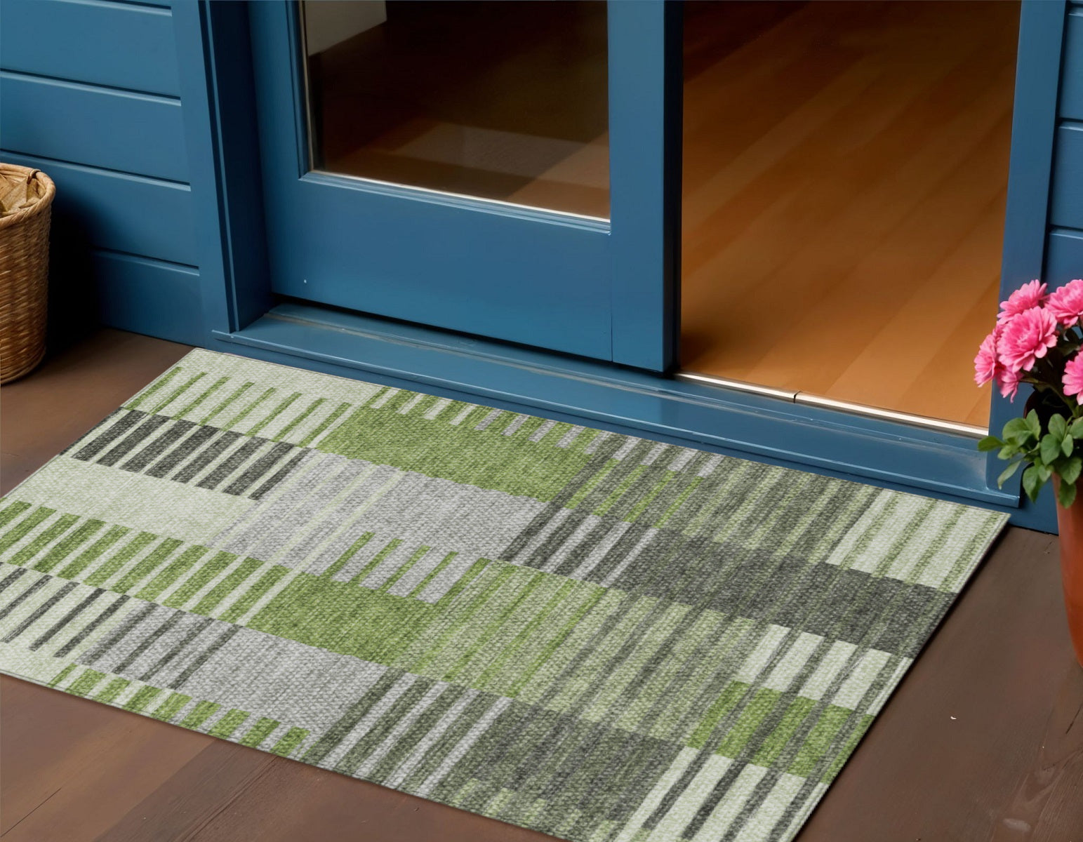 3' X 5' Green And Olive Green Striped Washable Indoor Outdoor Area Rug