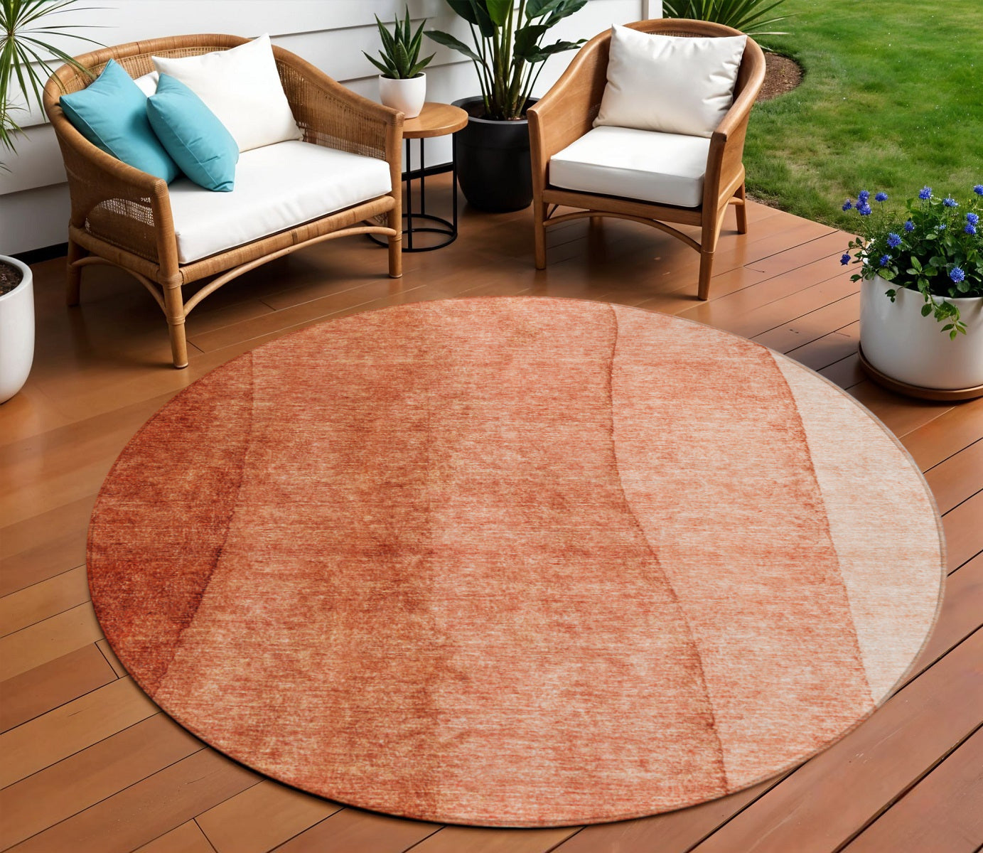 8' Red Copper And Terra Cotta Round Ombre Washable Indoor Outdoor Area Rug