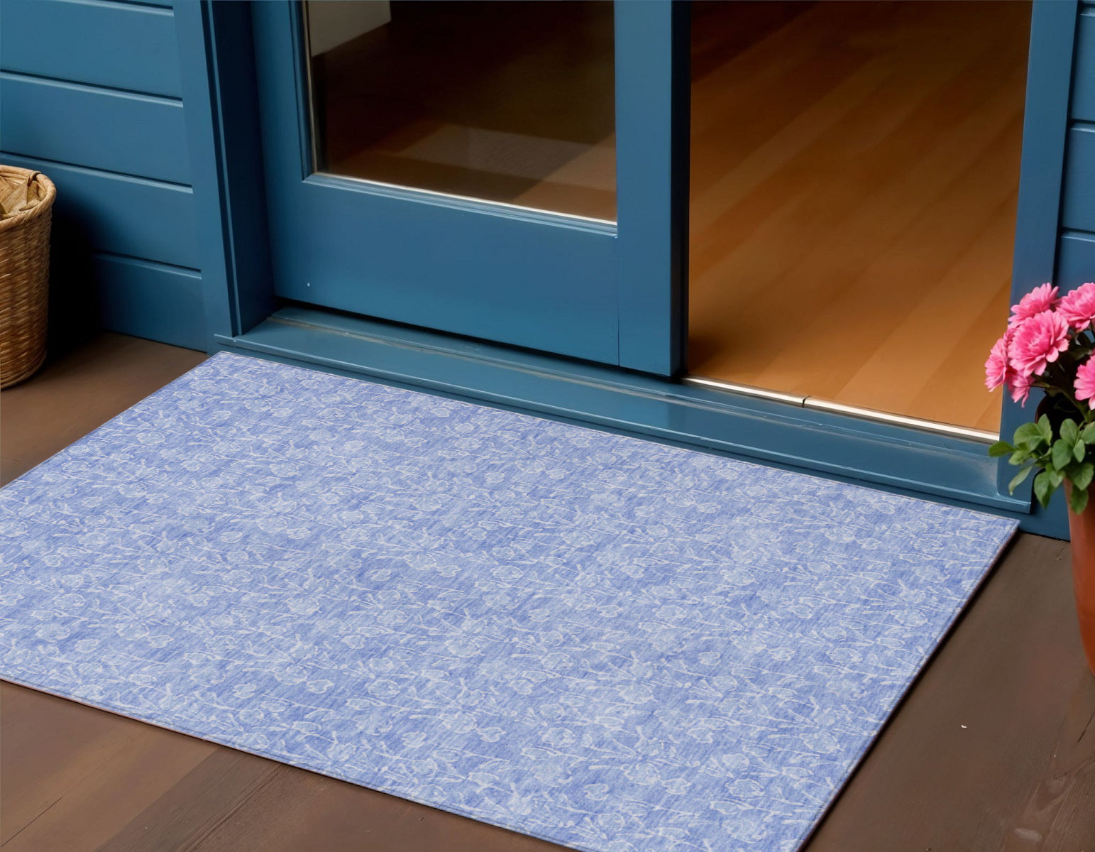 3' X 5' Denim Blue And Ivory Floral Washable Indoor Outdoor Area Rug