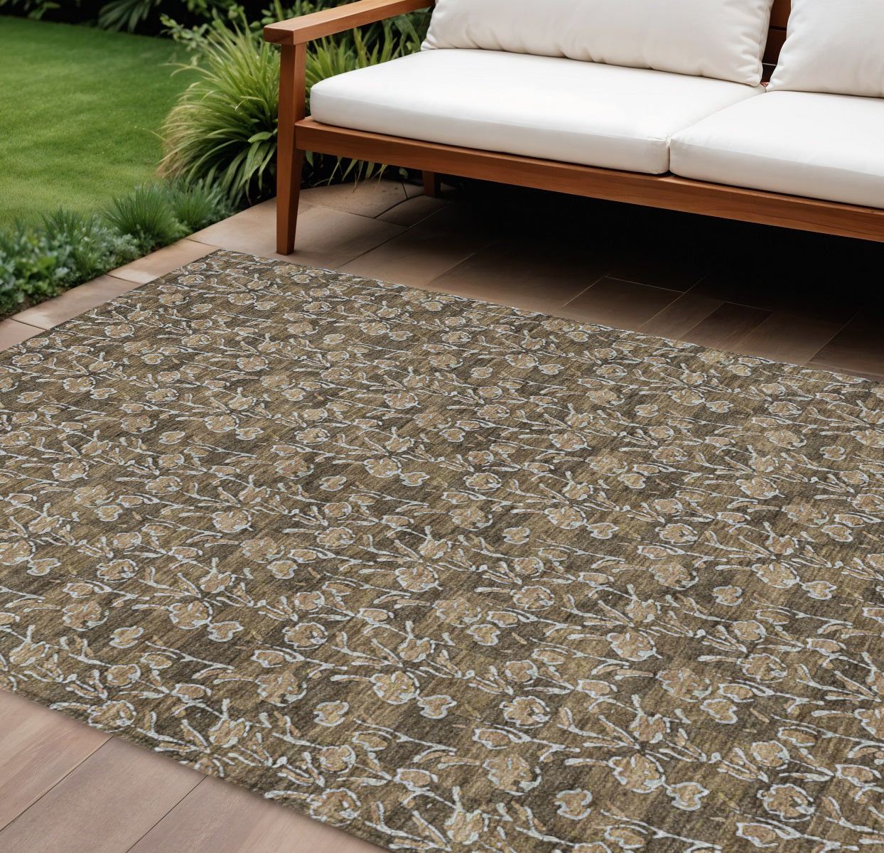 8' X 10' Brown And Ivory Floral Washable Indoor Outdoor Area Rug