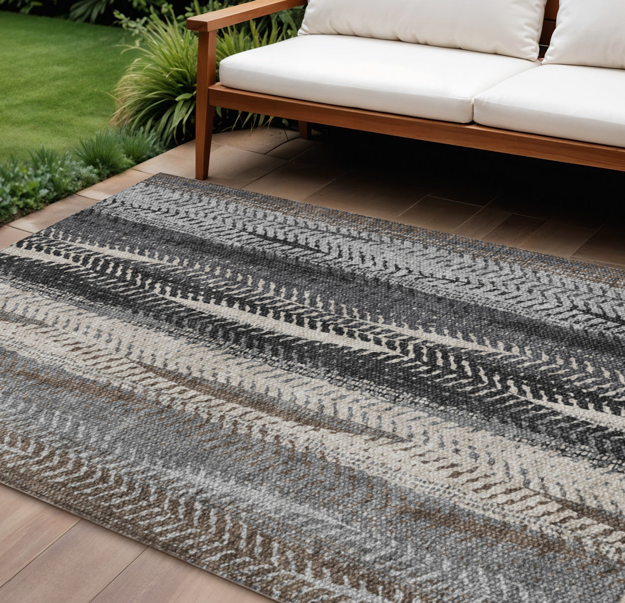 9' X 12' Brown Gray And Ivory Botanical Leaves Washable Indoor Outdoor Area Rug