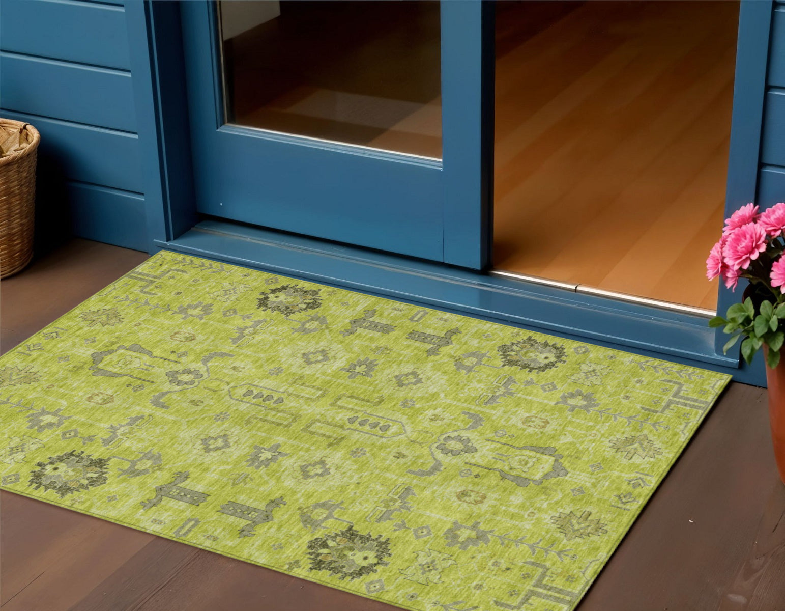 3' X 5' Artichoke Green And Fern Green Oriental Washable Indoor Outdoor Area Rug