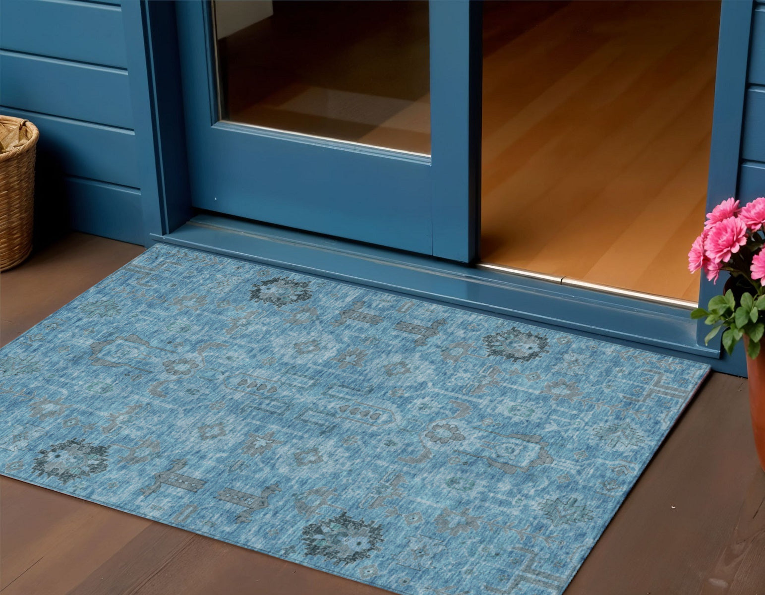 3' X 5' Sky Blue And Gray Oriental Washable Indoor Outdoor Area Rug