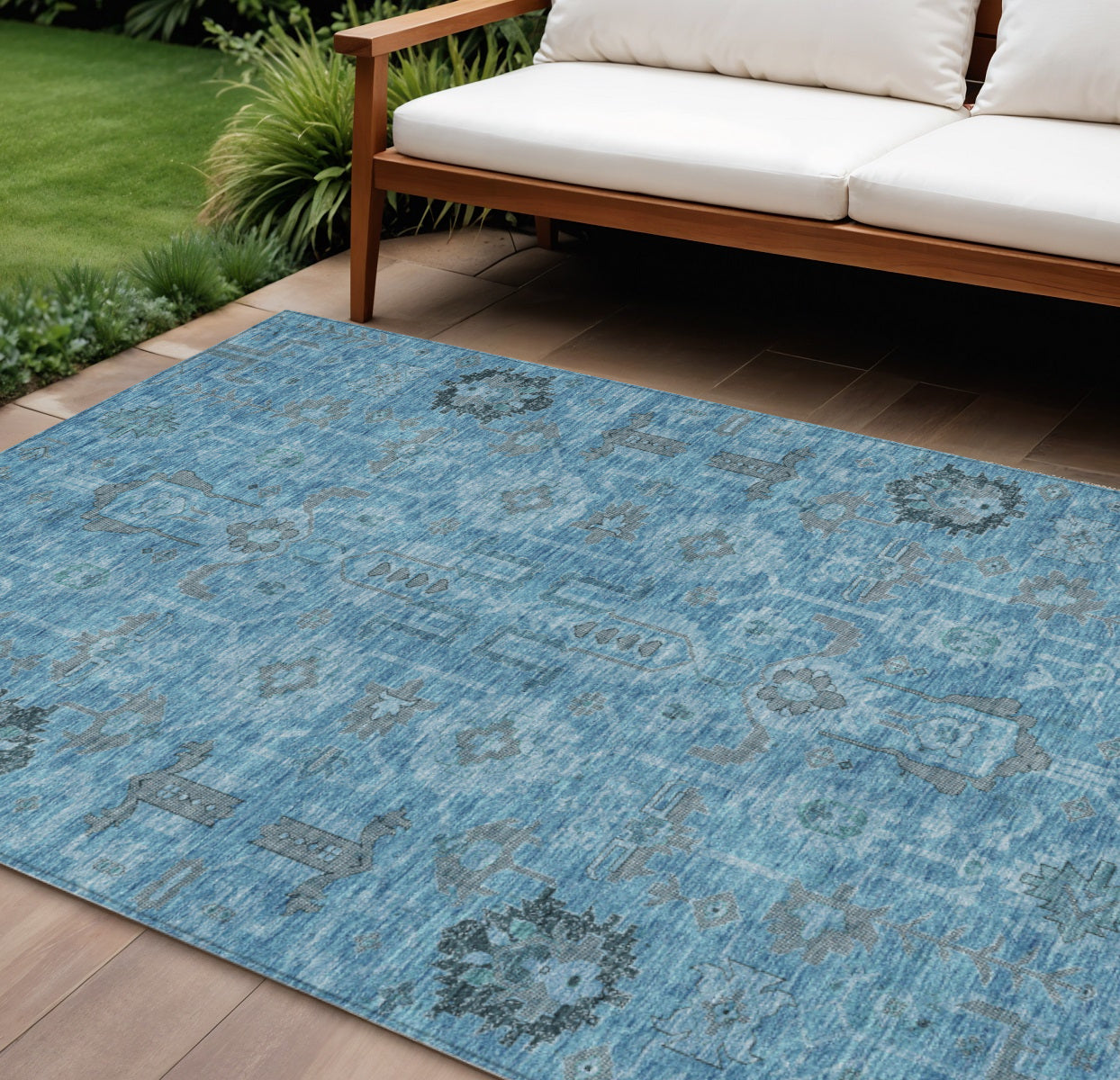 10' X 14' Sky Blue And Gray Oriental Washable Indoor Outdoor Area Rug