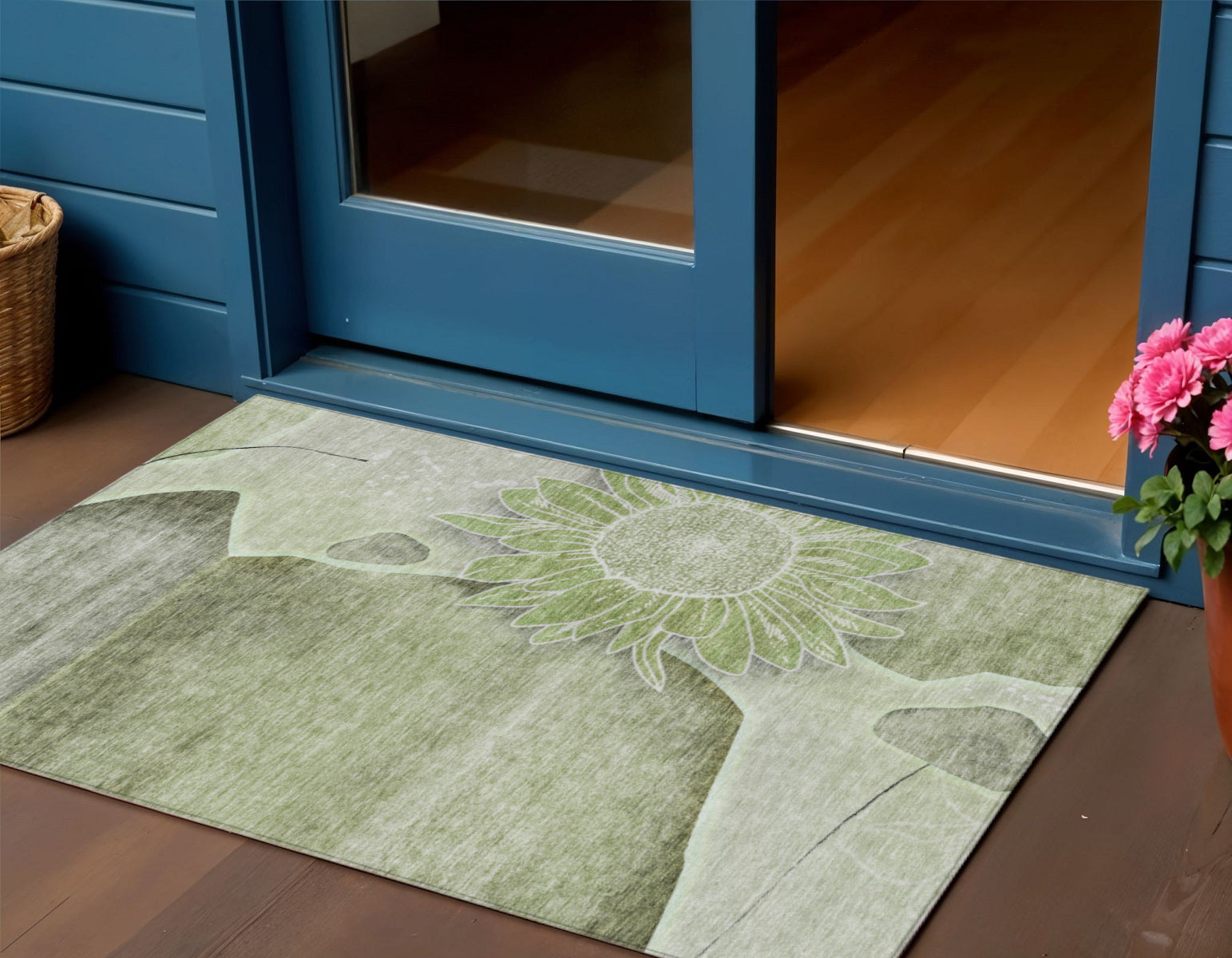 3' X 5' Artichoke Green And Gray Floral Washable Indoor Outdoor Area Rug