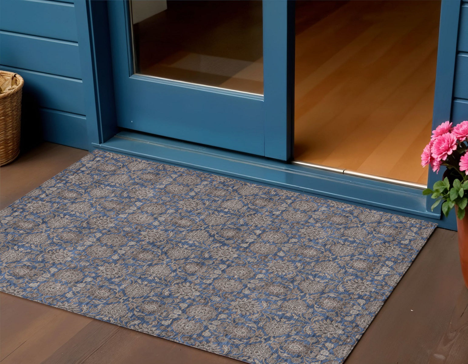 3' X 5' Navy Blue Beige And Taupe Floral Washable Indoor Outdoor Area Rug